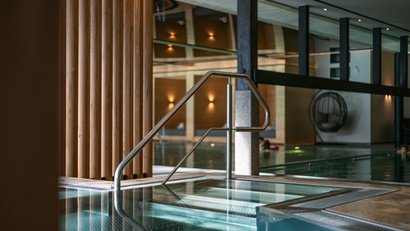 Modern indoor pool with wood paneling and stainless steel handrail