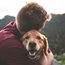 Man hugging a smiling Golden Retriever outdoors